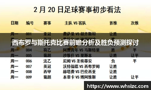 西布罗与斯托克比赛前瞻分析及胜负预测探讨